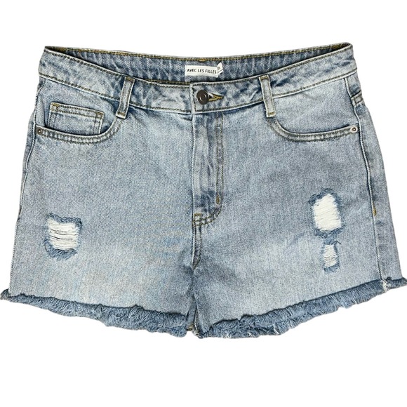 Avec Les Filles Designer Mid Rise‎ Distressed Jean Shorts Light wash Size 28 - Picture 1 of 5